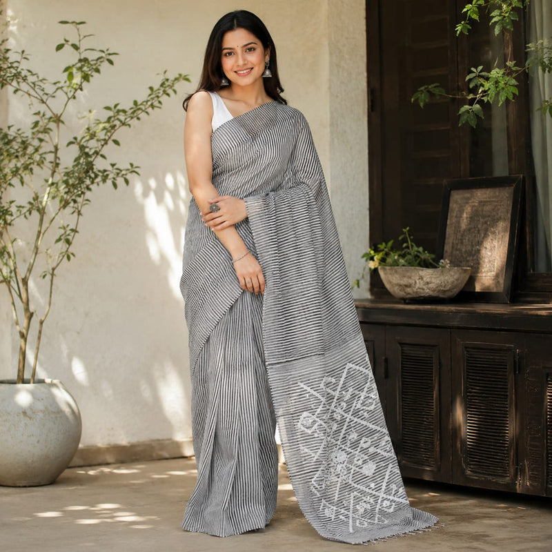 Handloom silk lilen stripped sareee