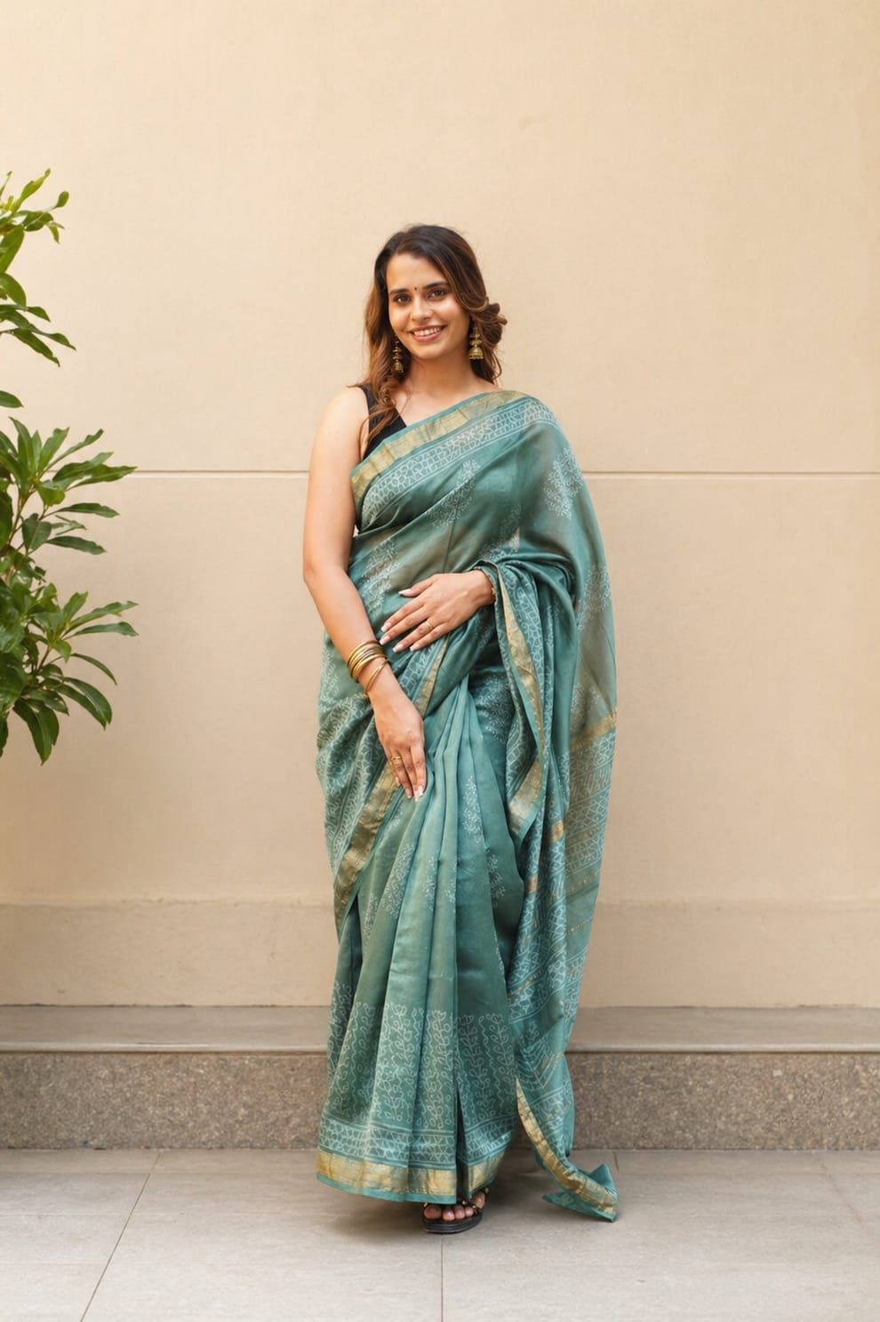 Pine Green Maheshwari Cotton Silk Saree
