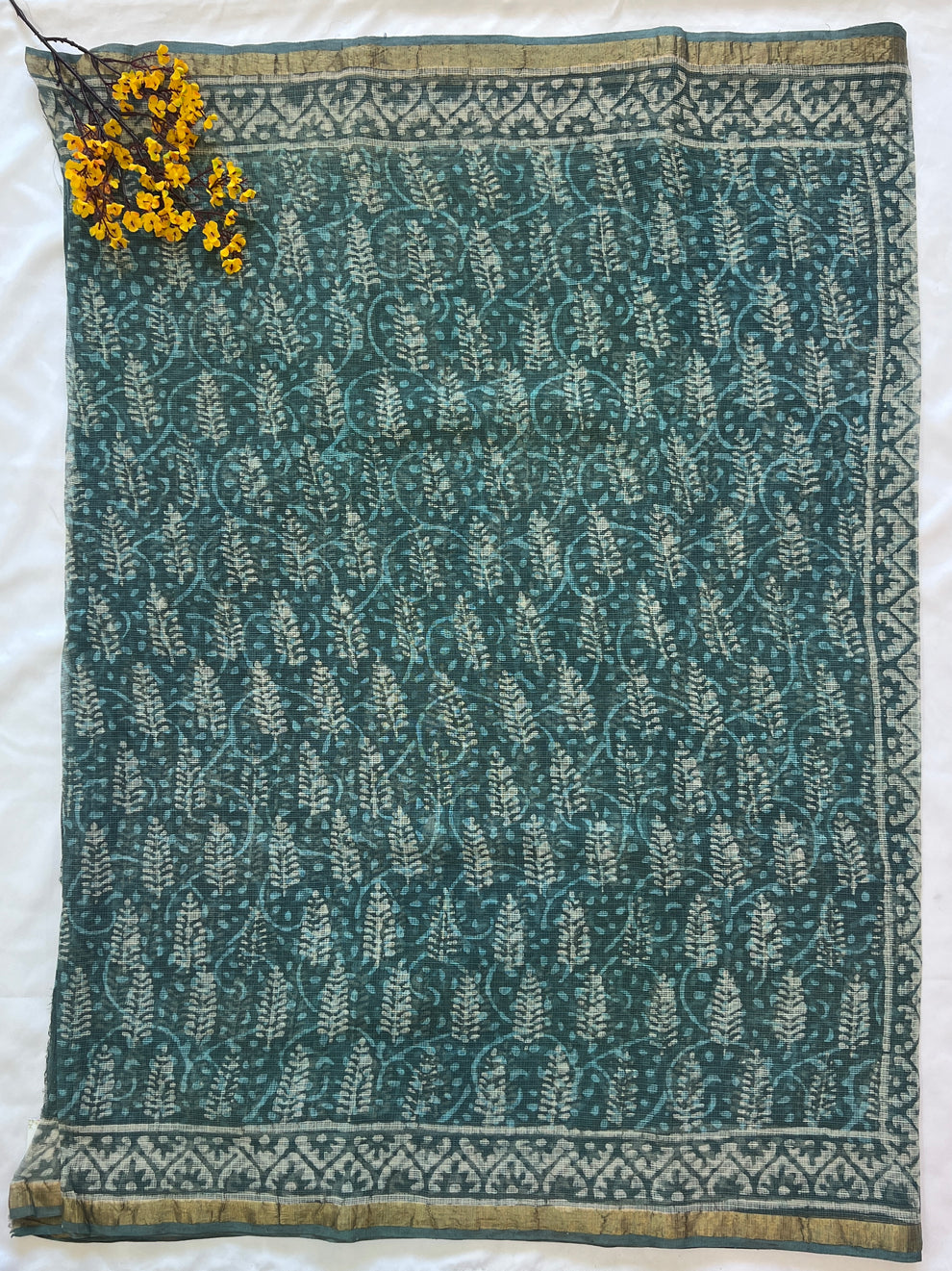 GO GO Green Kota Doria Handblock Print Saree
