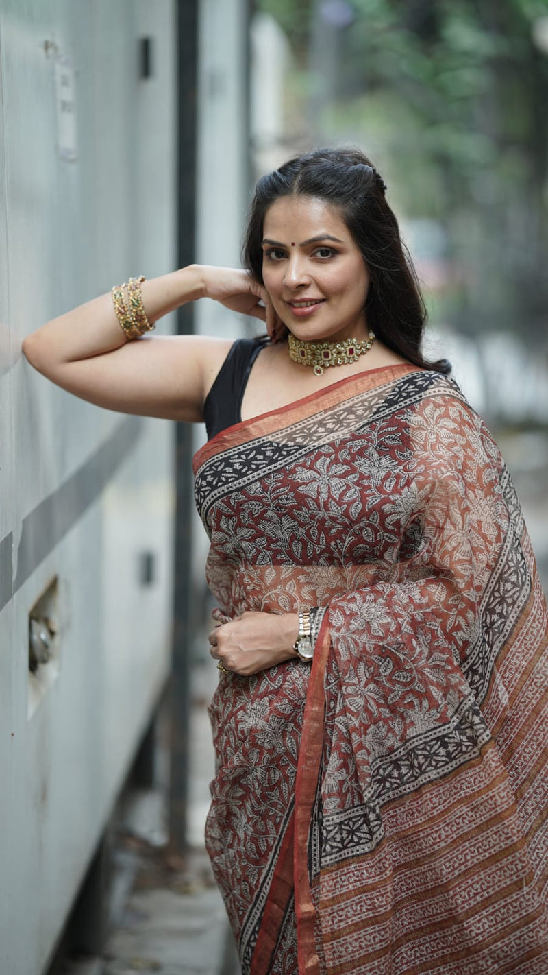 Brick Red Kota Doria Handblock Print Saree