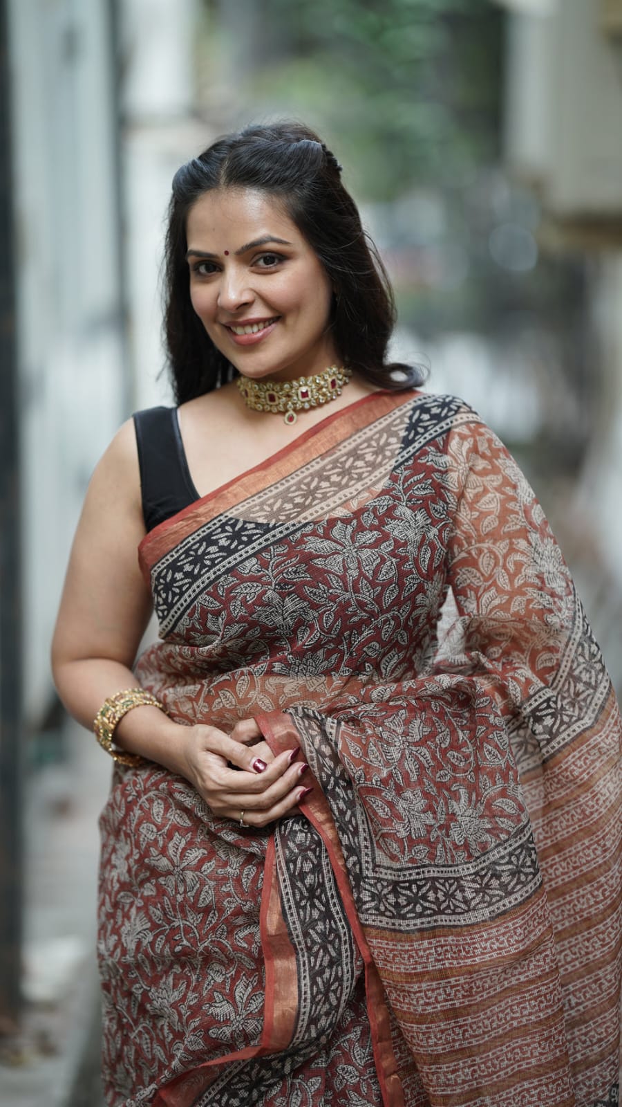 Brick Red Kota Doria Handblock Print Saree