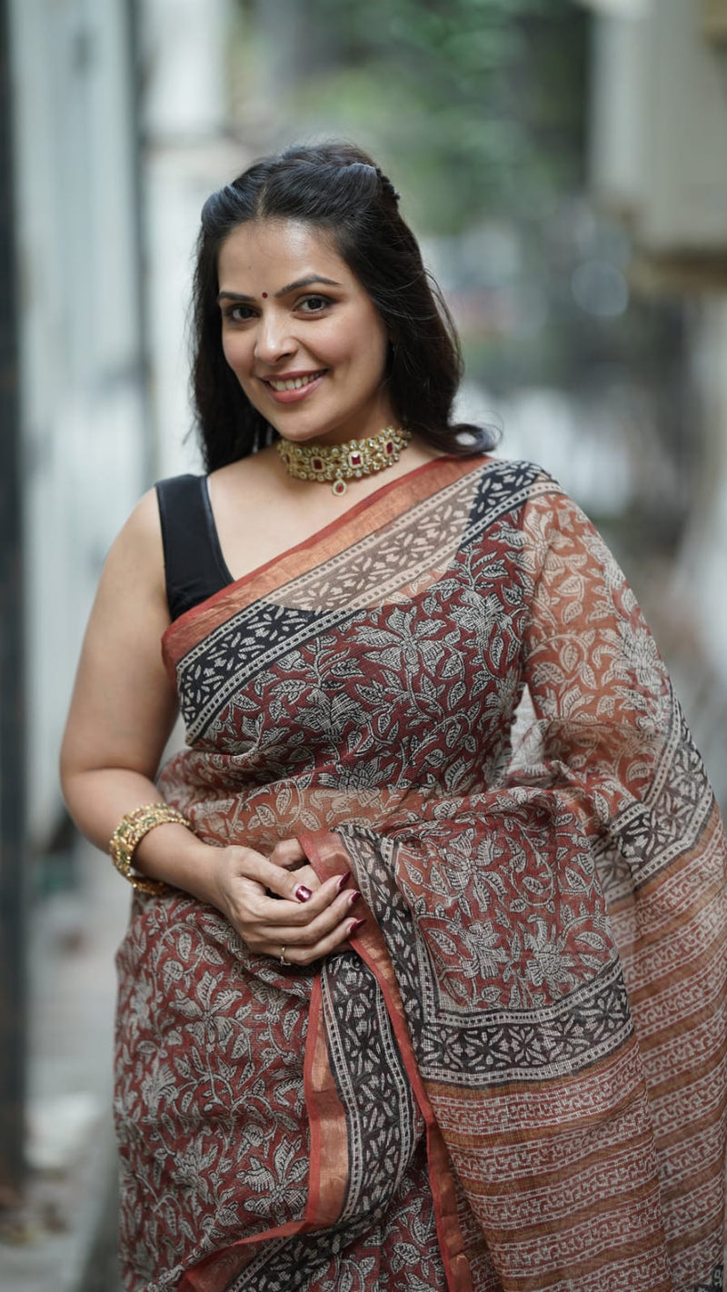 Brick Red Kota Doria Handblock Print Saree