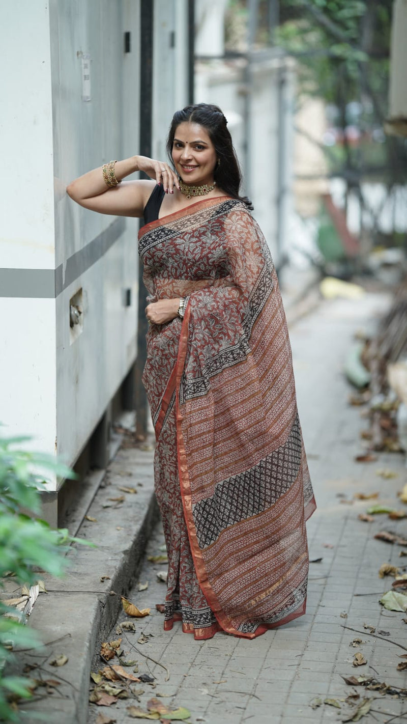 Brick Red Kota Doria Handblock Print Saree